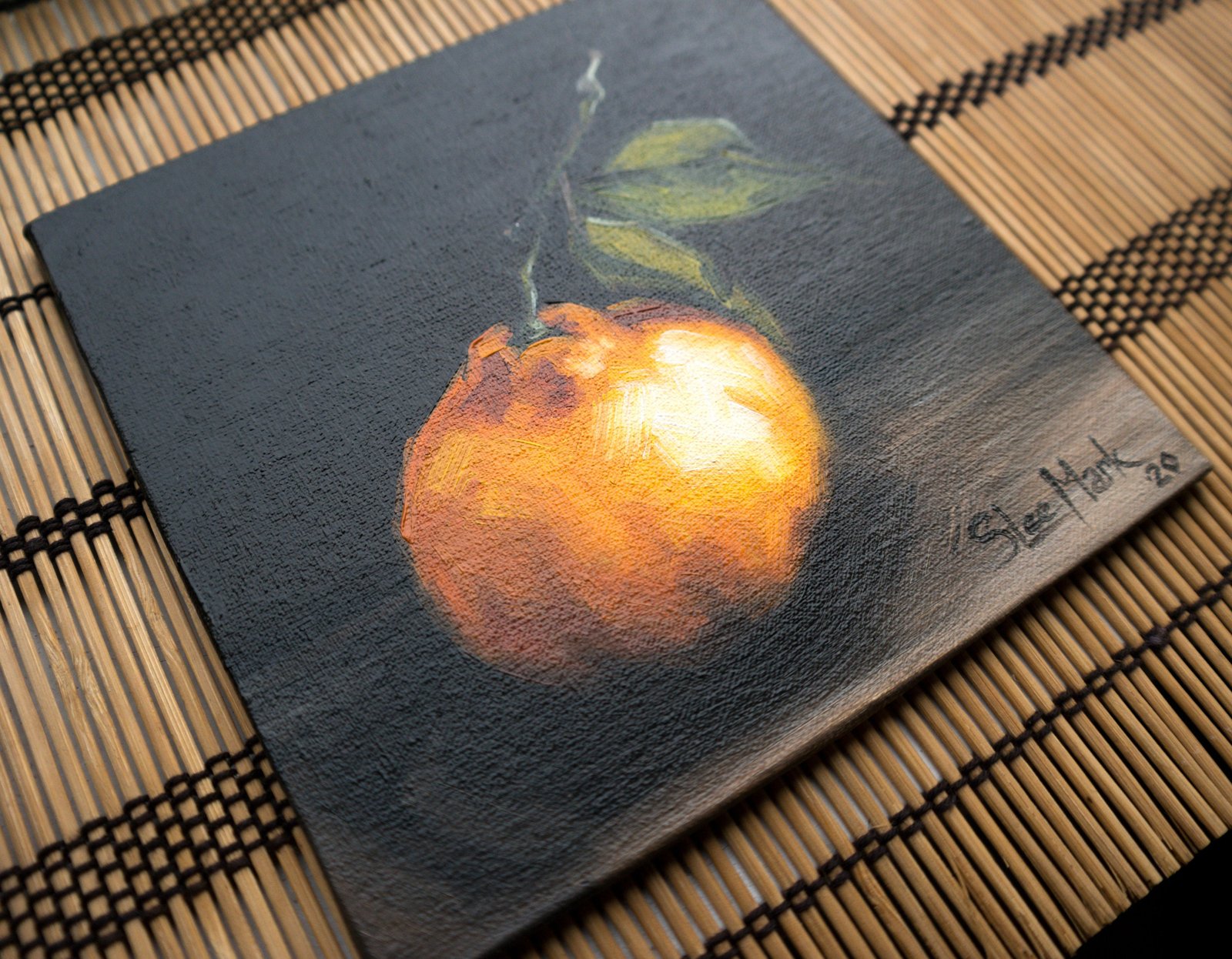 Tangerine with leaves Original art 6x6 by S. Lee Mark - Stil life oil painting Fruit art Fruit still life Fruit painting Citrus art