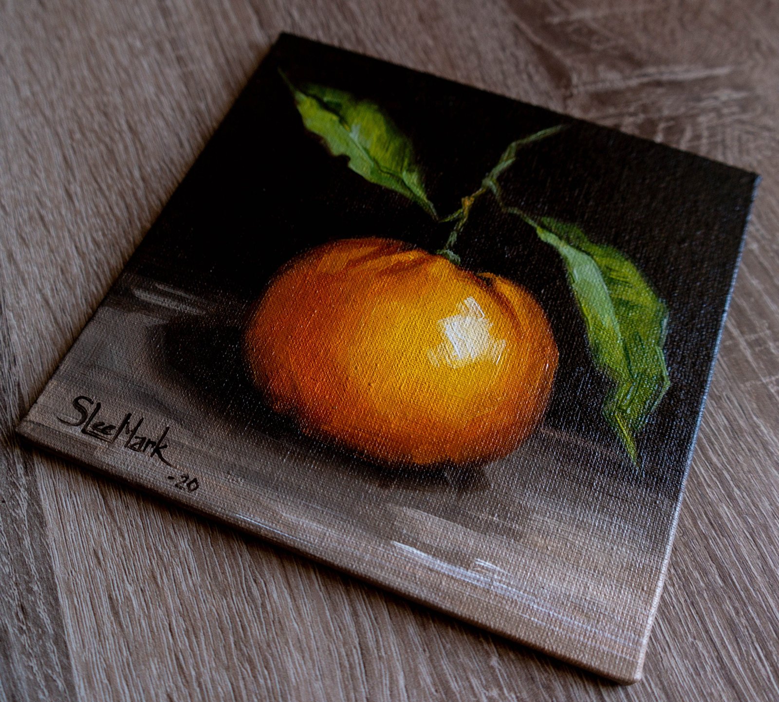 Dancing tangerine Original art 6x6 by S. Lee Mark - Stil life oil painting Fruit art Fruit still life Fruit painting Citrus art
