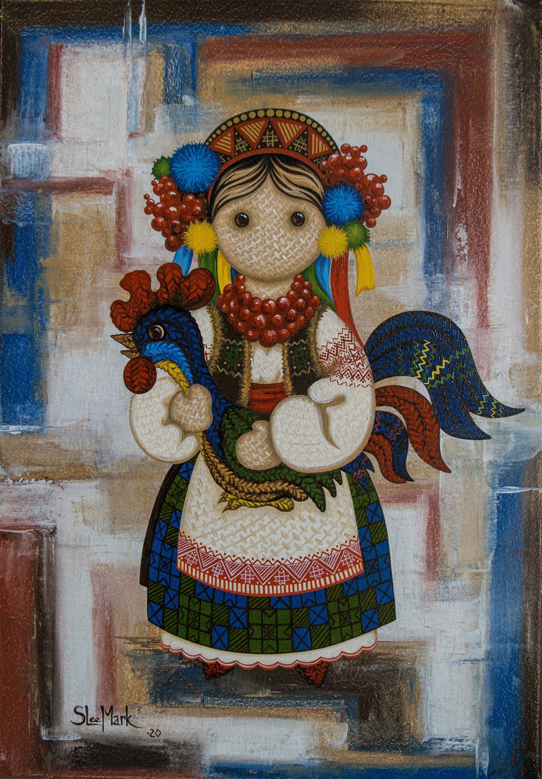 Grandma's Tales 20" Original Modern art by S. Lee Mark Ukrainian art Embroidery Rooster