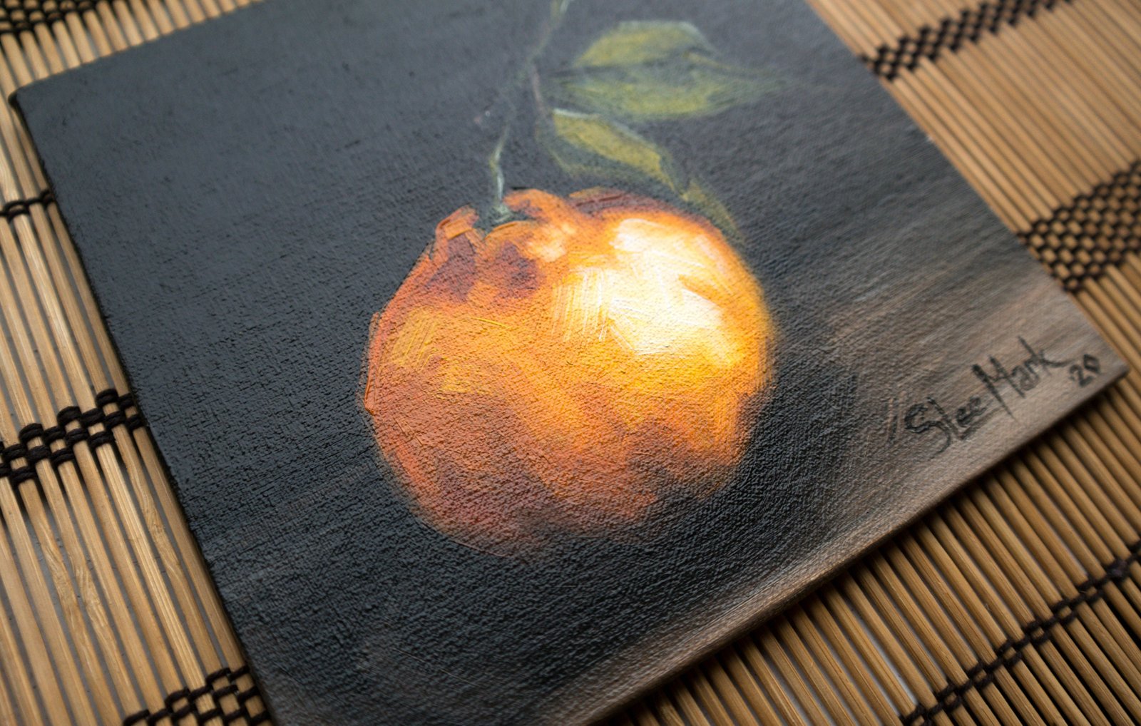 Tangerine with leaves Original art 6x6 by S. Lee Mark - Stil life oil painting Fruit art Fruit still life Fruit painting Citrus art