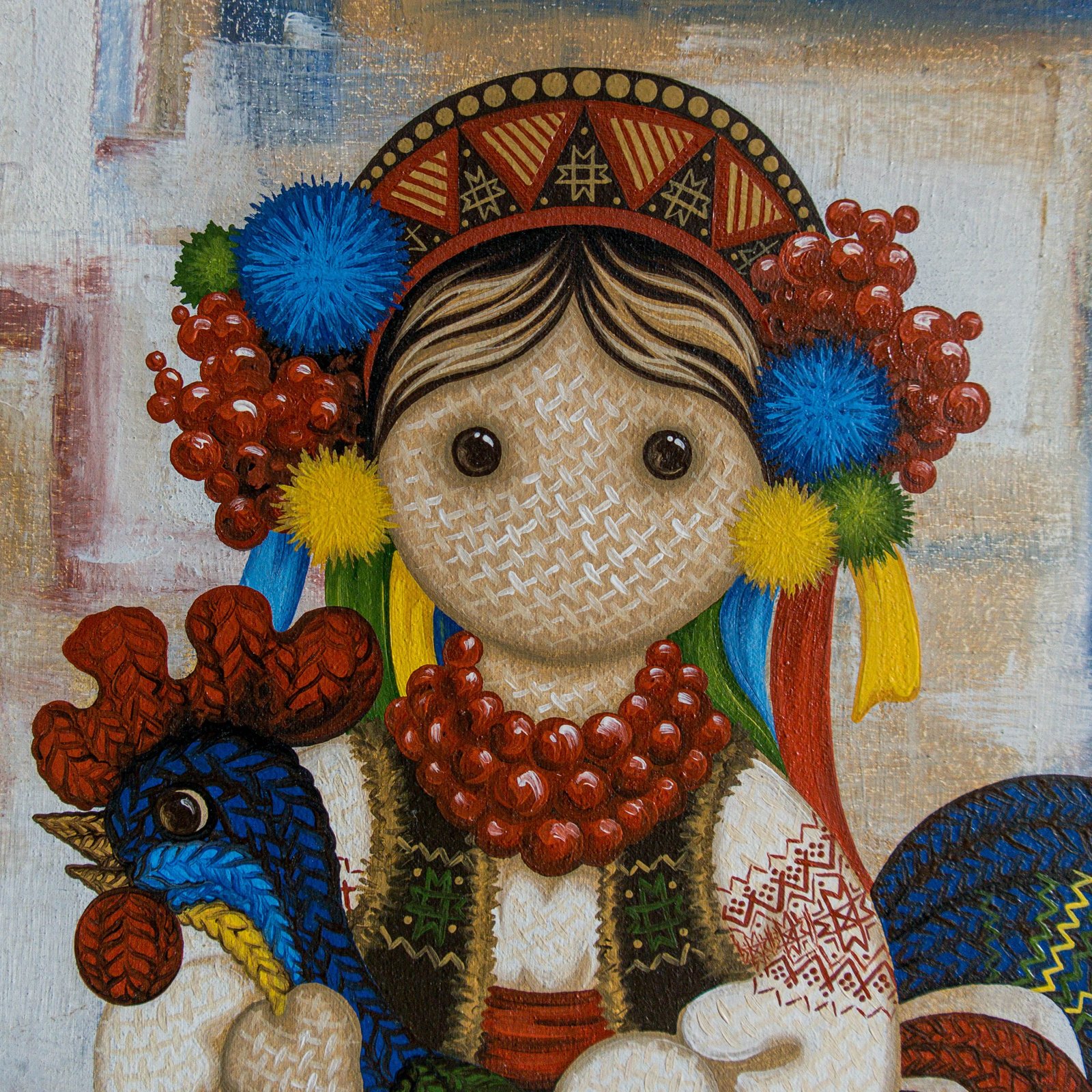 Grandma's Tales 20" Original Modern art by S. Lee Mark Ukrainian art Embroidery Rooster