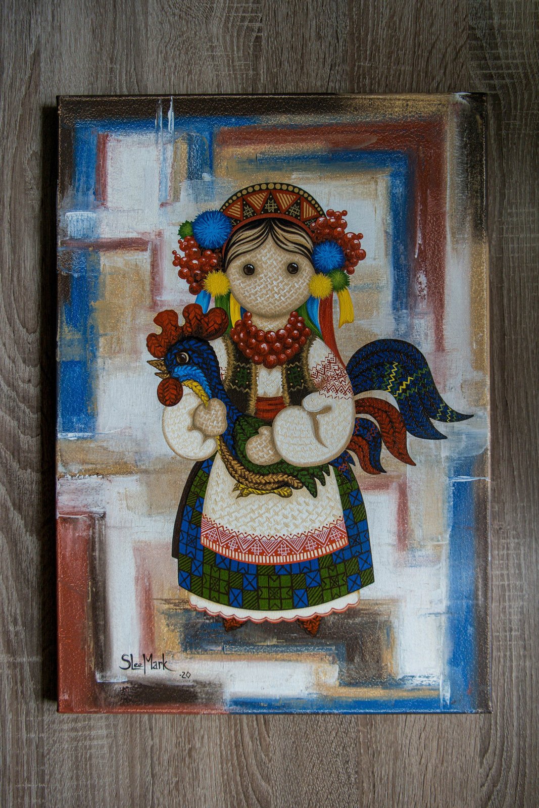 Grandma's Tales 20" Original Modern art by S. Lee Mark Ukrainian art Embroidery Rooster