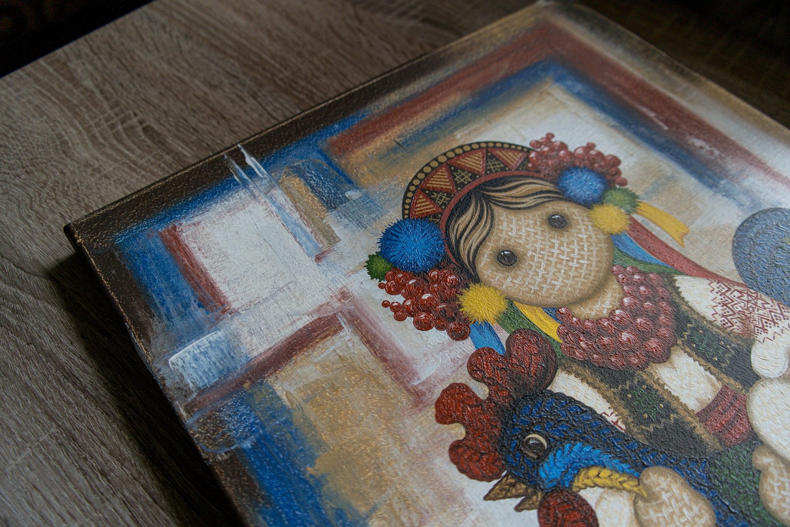 Grandma's Tales 20" Original Modern art by S. Lee Mark Ukrainian art Embroidery Rooster