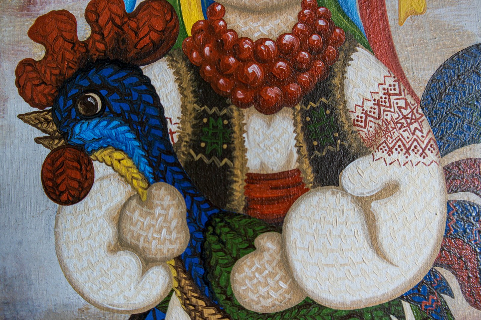 Grandma's Tales 20" Original Modern art by S. Lee Mark Ukrainian art Embroidery Rooster