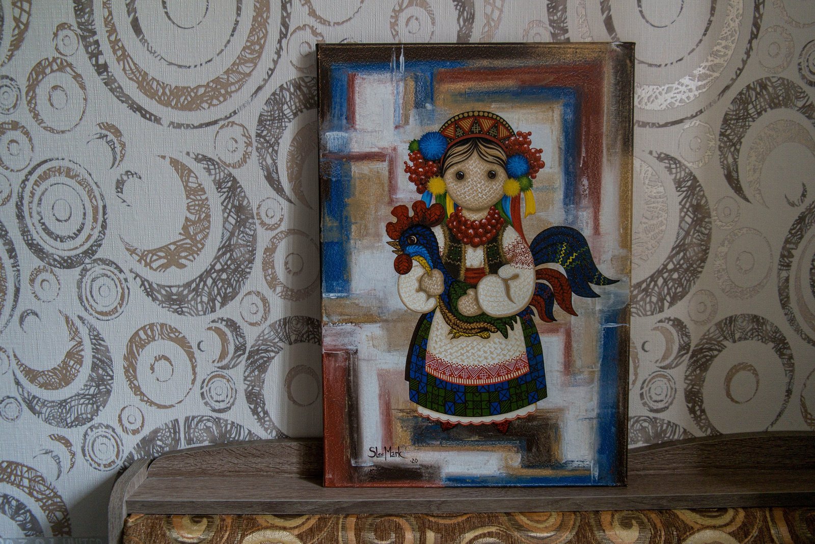 Grandma's Tales 20" Original Modern art by S. Lee Mark Ukrainian art Embroidery Rooster