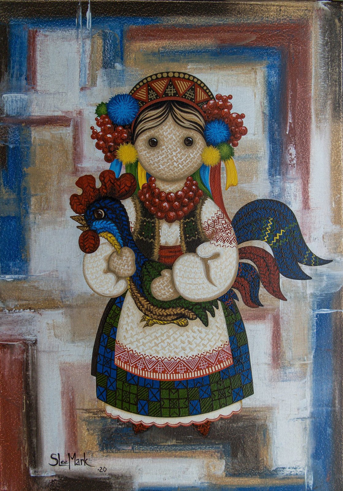 Grandma's Tales 20" Original Modern art by S. Lee Mark Ukrainian art Embroidery Rooster by Svitlana Lee Mark