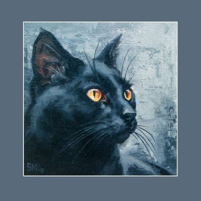 Cat oil painting, Pet portrait, Black cat, Cat portrait, Animal painting, Animal art, Original art, 6x6 by S.Lee Mark