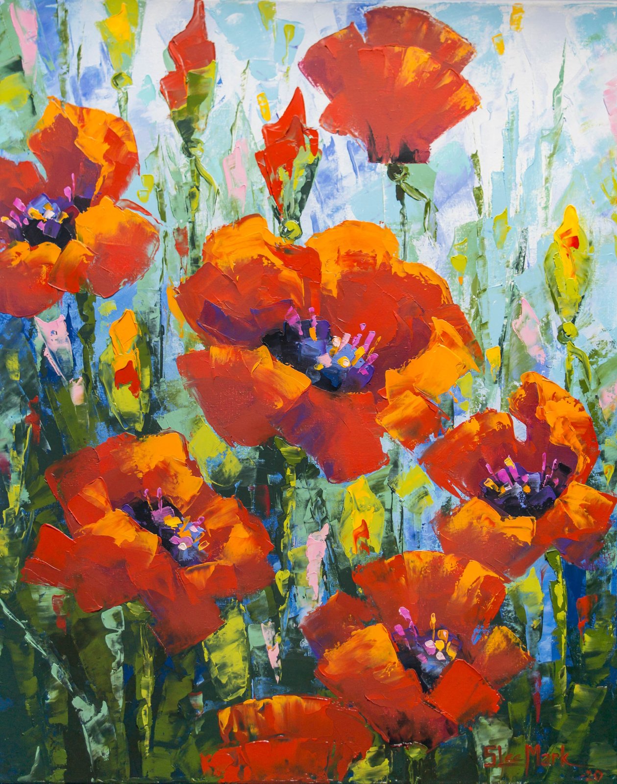 Poppies Original art 20" by S. Lee Mark - Flowers Still Life Art Poppies Flowers art Home Décor Wall Hangings Paintings Home & Living small