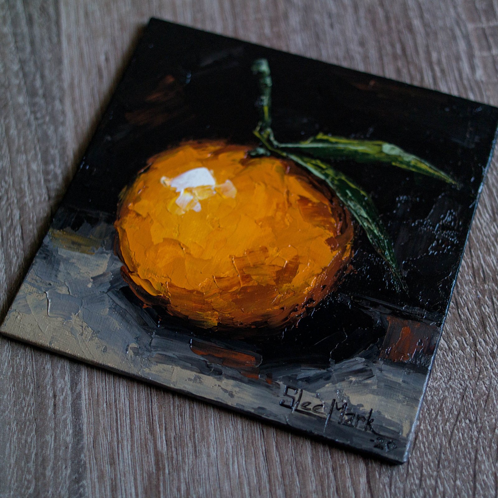 Mandarine leaf Original art 6x6 by S. Lee Mark Fruit Stil life oil painting Fruit art Fruit painting Citrus art Home Décor Wall Hangings