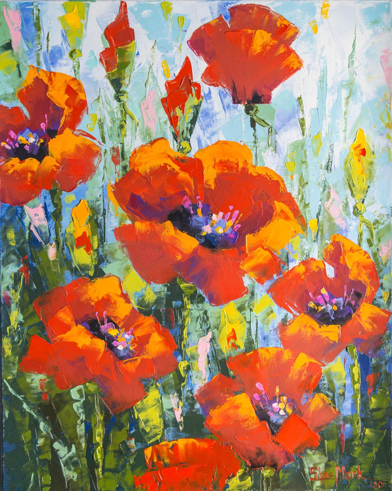 Poppies Original art 20" by S. Lee Mark - Flowers Still Life Art Poppies Flowers art Home Décor Wall Hangings Paintings Home & Living small
