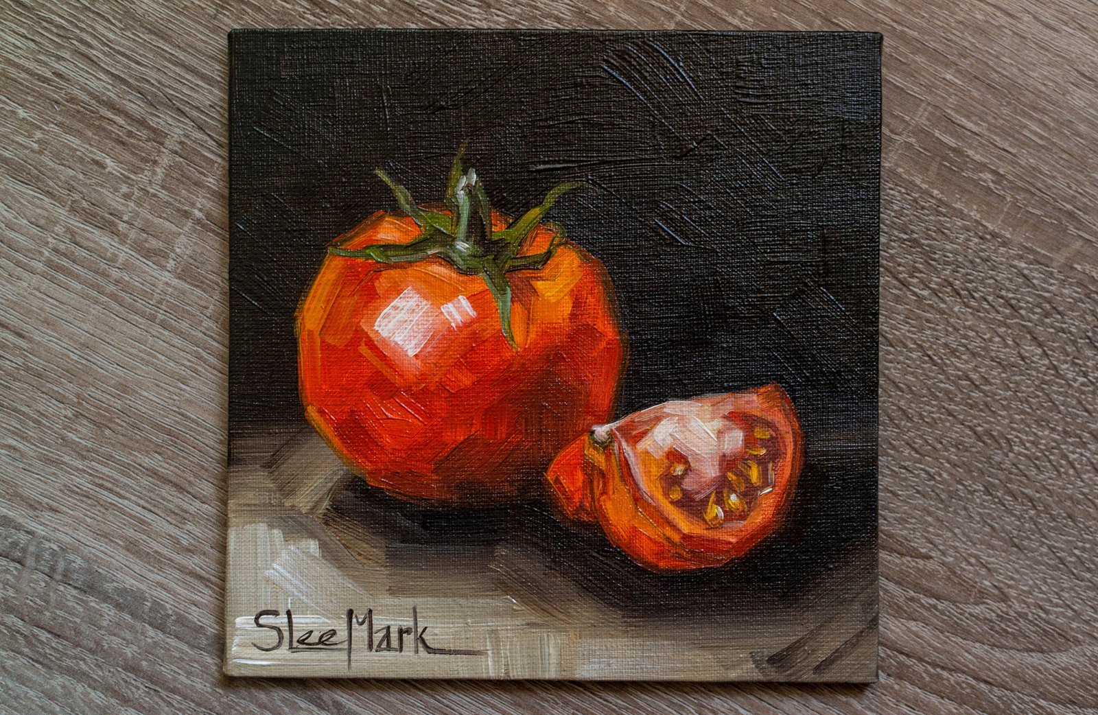 Tomato slice Original art 6x6 by S. Lee Mark - Stil life oil painting Fruit art Fruit still life Fruit painting Home Living Decor Wall