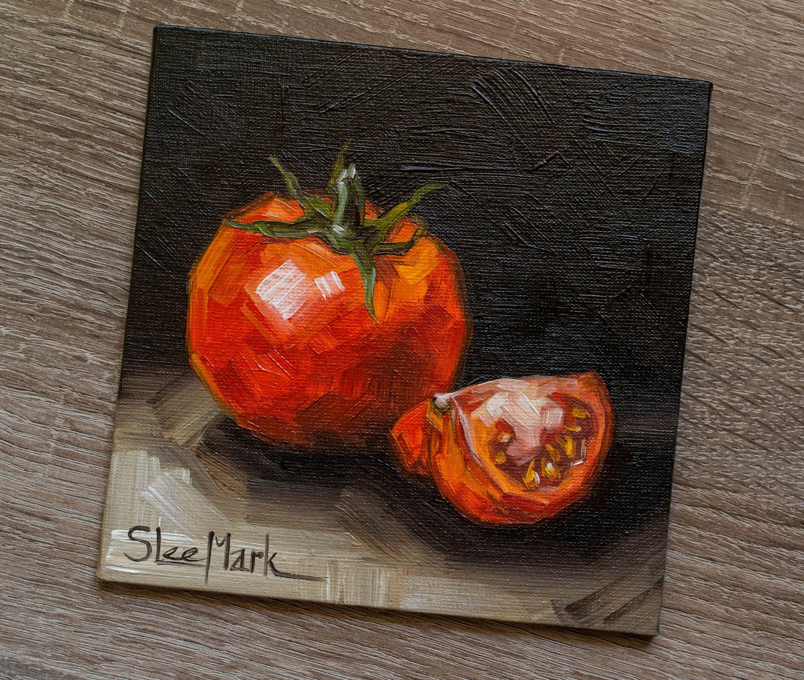 Tomato slice Original art 6x6 by S. Lee Mark - Stil life oil painting Fruit art Fruit still life Fruit painting Home Living Decor Wall