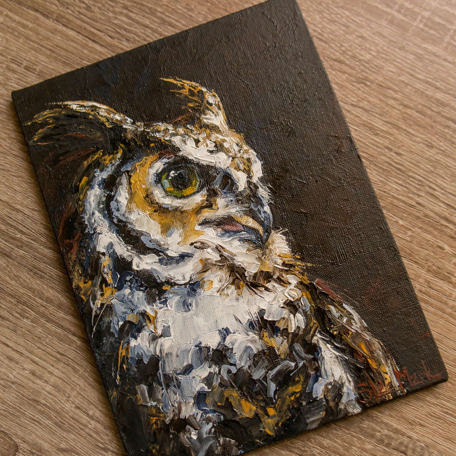Wise Owl Original art 8" by S. Lee Mark Bird oil painting Pet portrait Animal art Home & Living Home Wall Décor Paintings