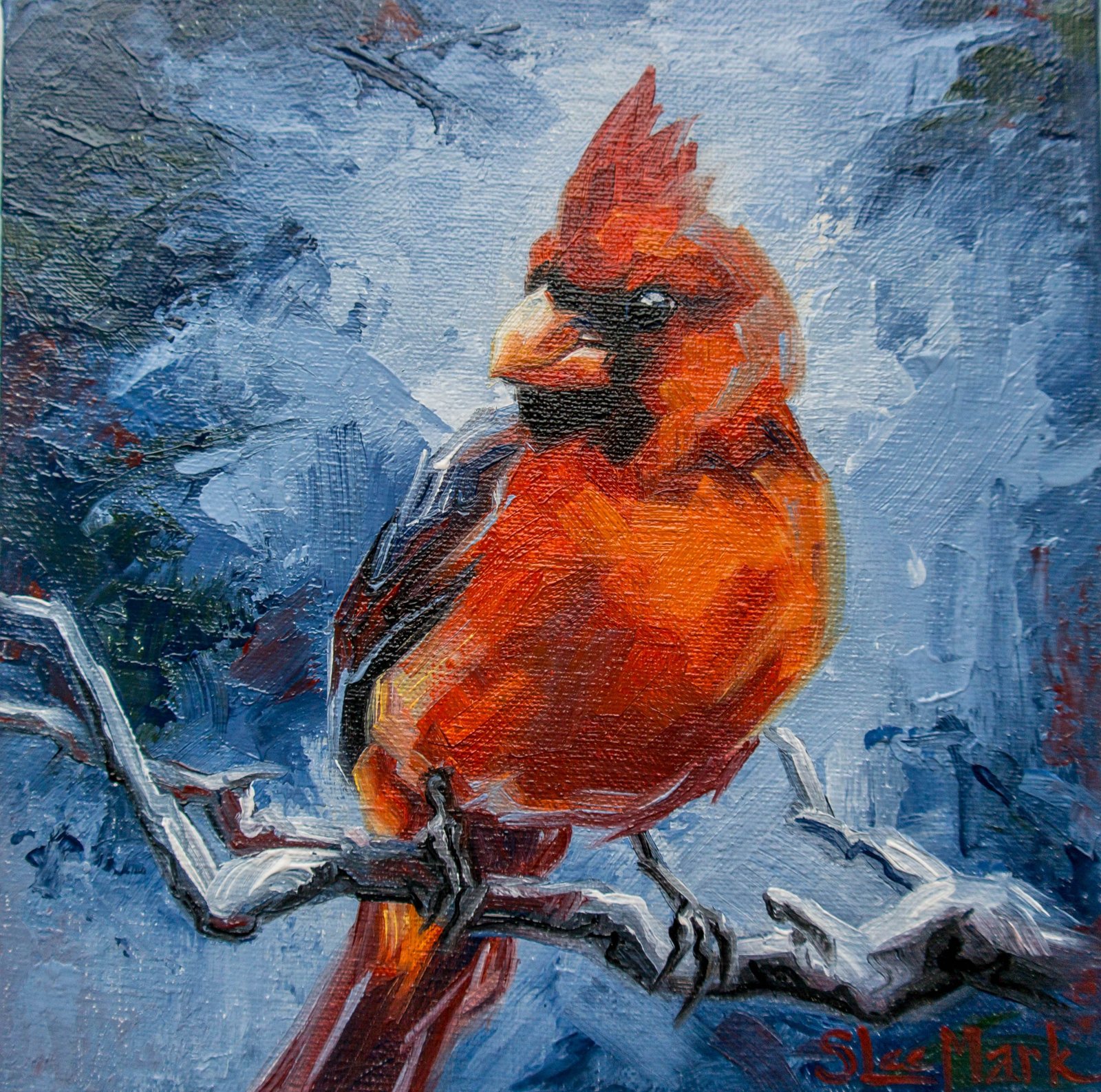 Red cardinal Original art 6" by S. Lee Mark oil painting Pet portrait Cardinal Animal art Home & Living Home Wall Décor Paintings