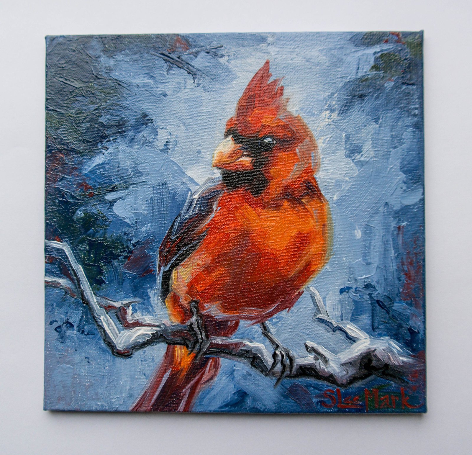 Red cardinal Original art 6" by S. Lee Mark oil painting Pet portrait Cardinal Animal art Home & Living Home Wall Décor Paintings