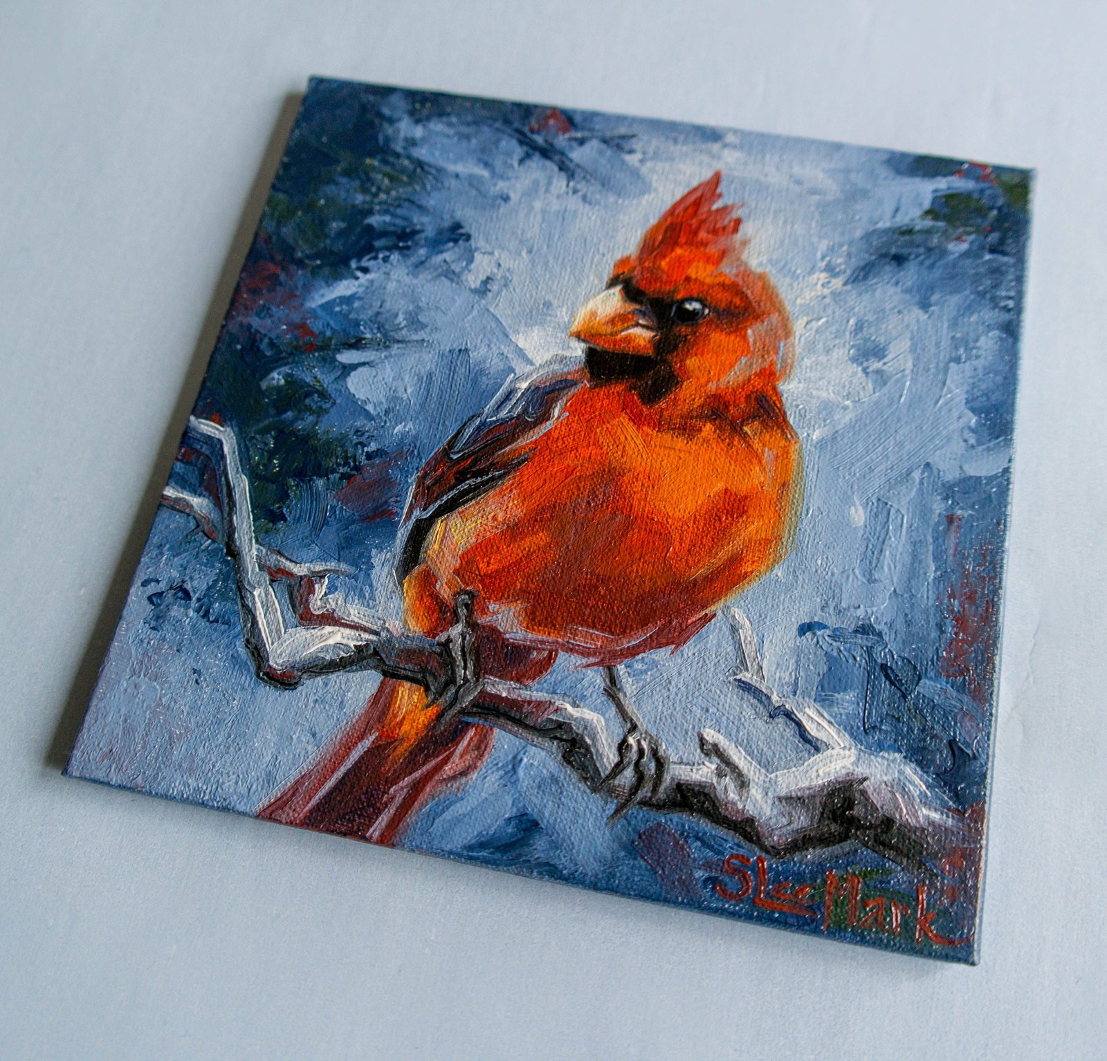 Red cardinal Original art 6" by S. Lee Mark oil painting Pet portrait Cardinal Animal art Home & Living Home Wall Décor Paintings