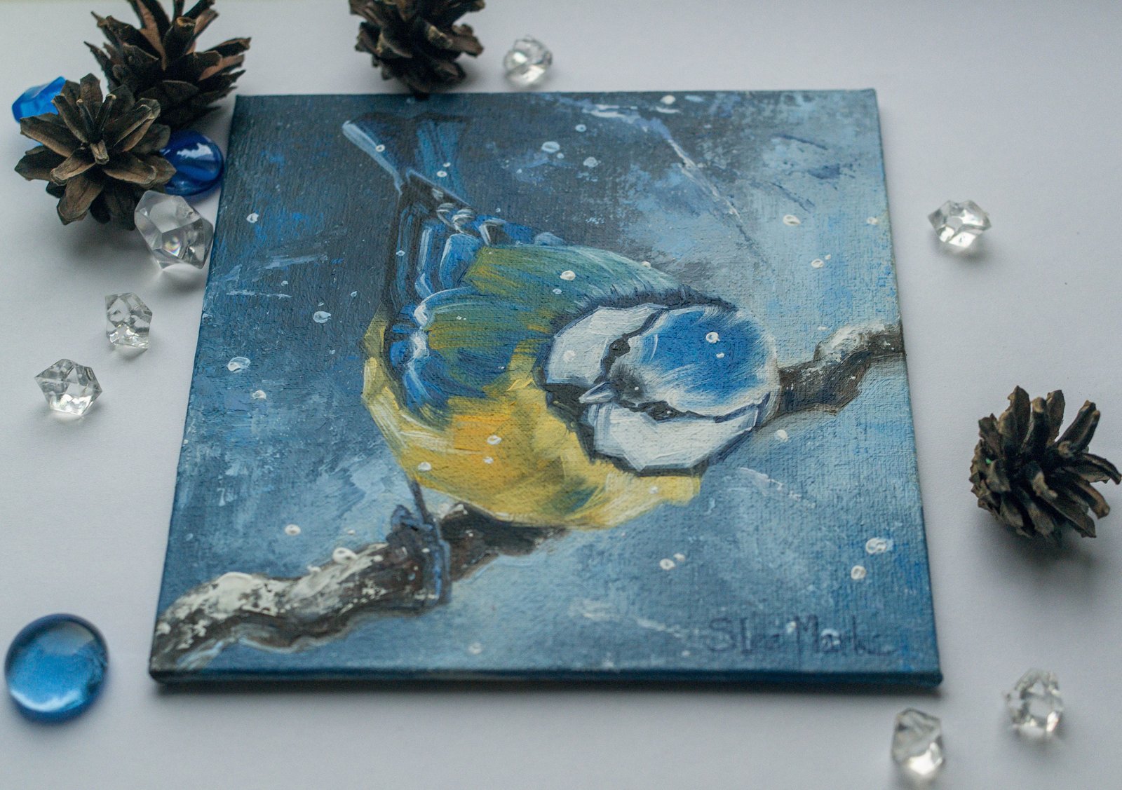 Curious titmouse Original art 6" by S. Lee Mark Bird oil painting Pet portrait Animal art Home & Living Home Wall Décor Paintings