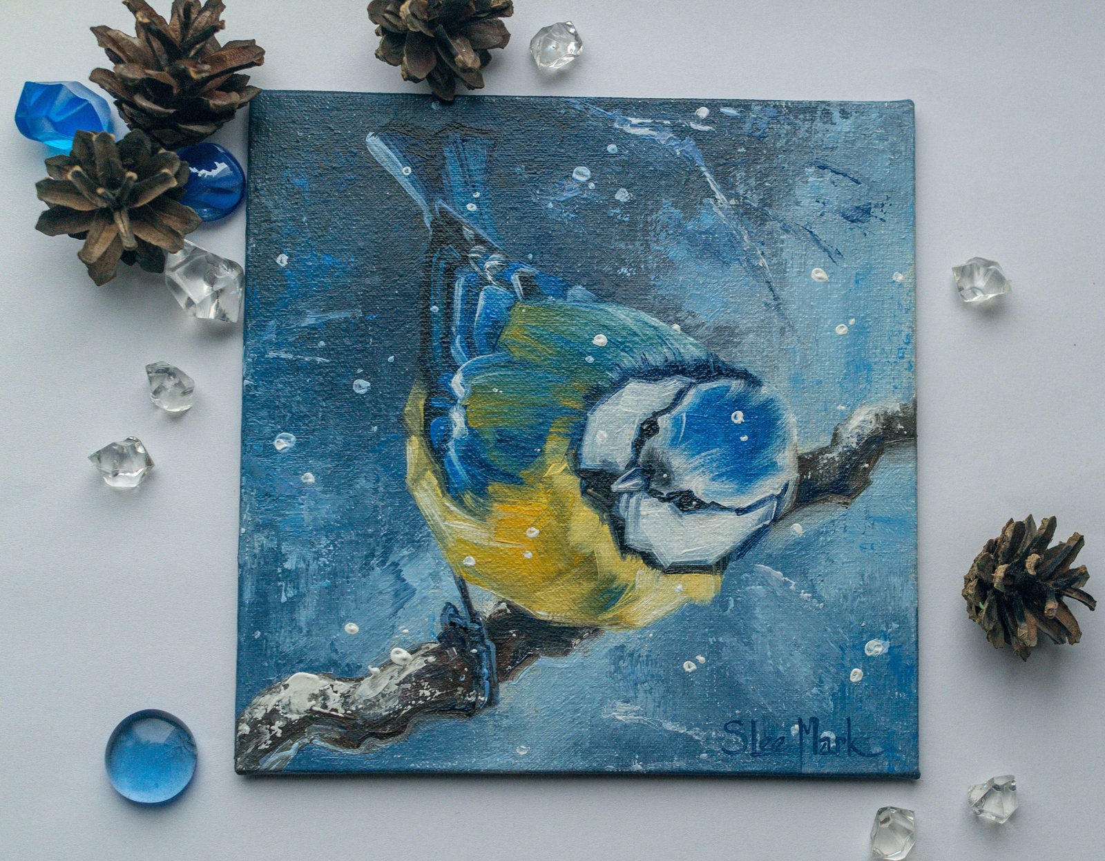 Curious titmouse Original art 6" by S. Lee Mark Bird oil painting Pet portrait Animal art Home & Living Home Wall Décor Paintings