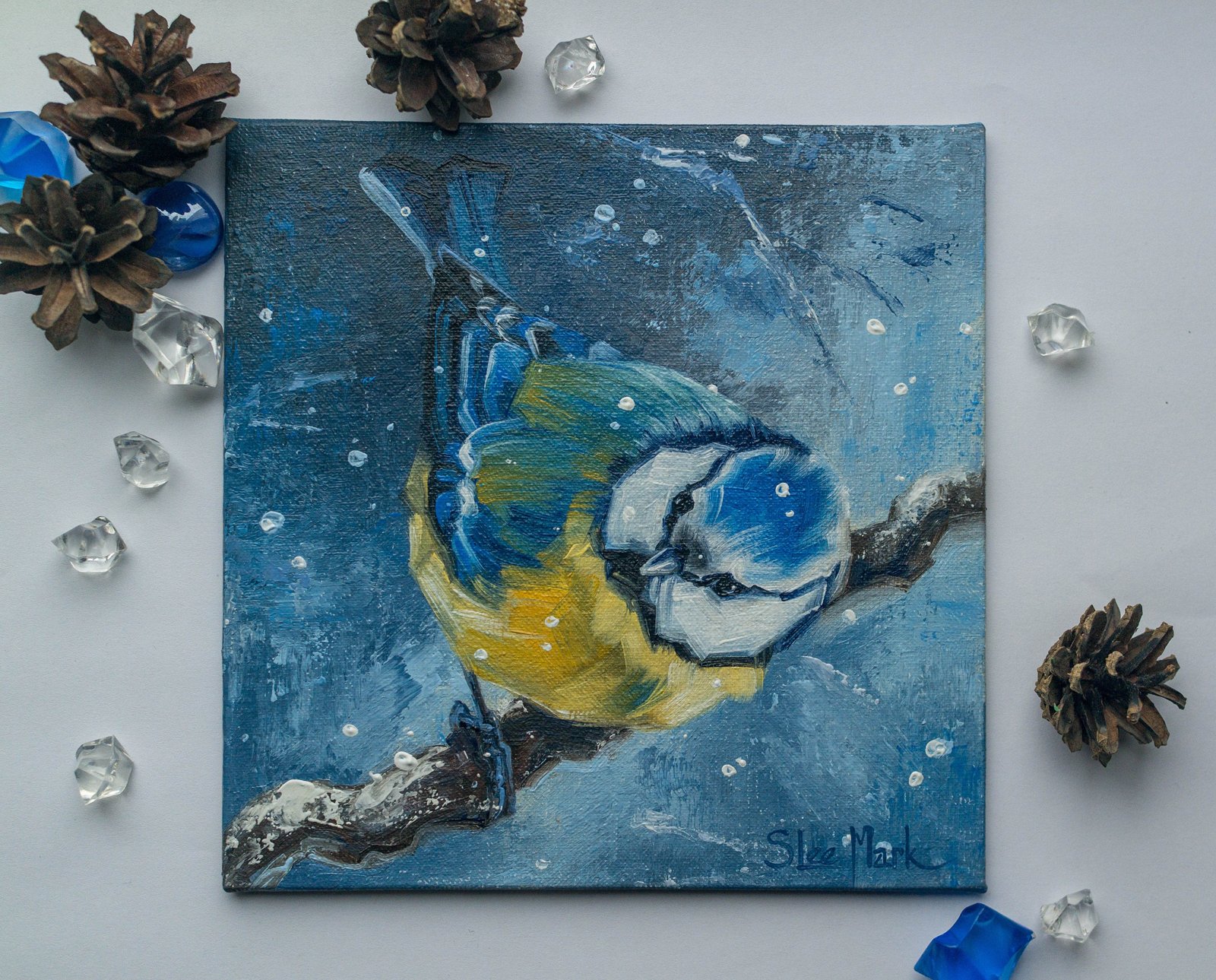 Curious titmouse Original art 6" by S. Lee Mark Bird oil painting Pet portrait Animal art Home & Living Home Wall Décor Paintings