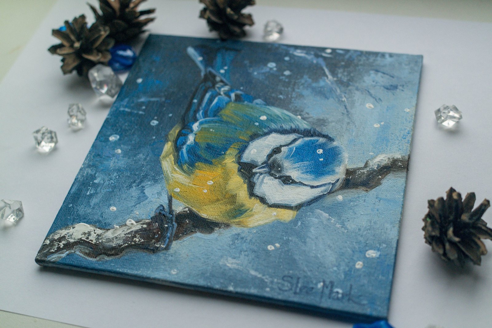 Curious titmouse Original art 6" by S. Lee Mark Bird oil painting Pet portrait Animal art Home & Living Home Wall Décor Paintings