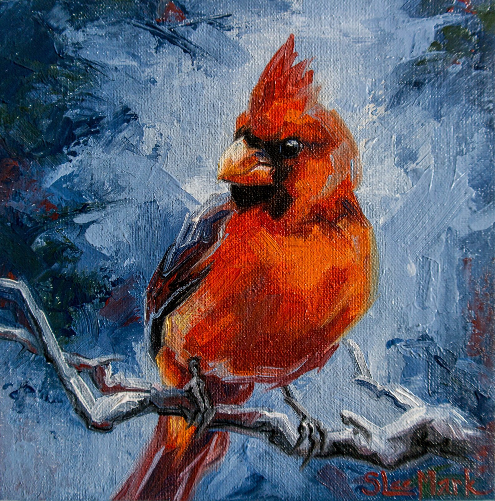Red cardinal Original art 6" by S. Lee Mark oil painting Pet portrait Cardinal Animal art Home & Living Home Wall Décor Paintings