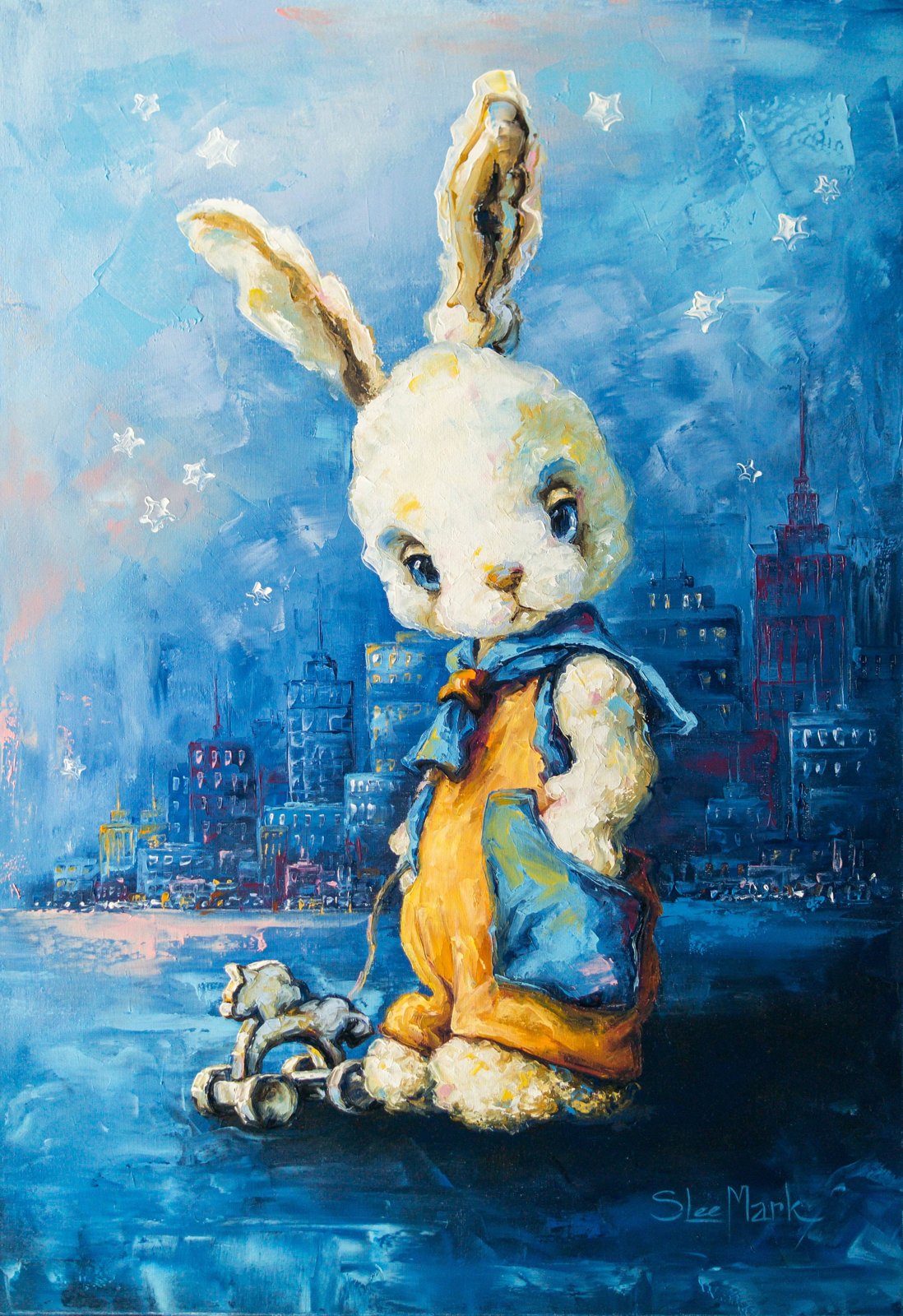 Rabbit Big city lights 26" Original Modern art by S. Lee Mark Home & Living Home Decor Wall Decor Wall Hangings Rabbit Paintings Banny