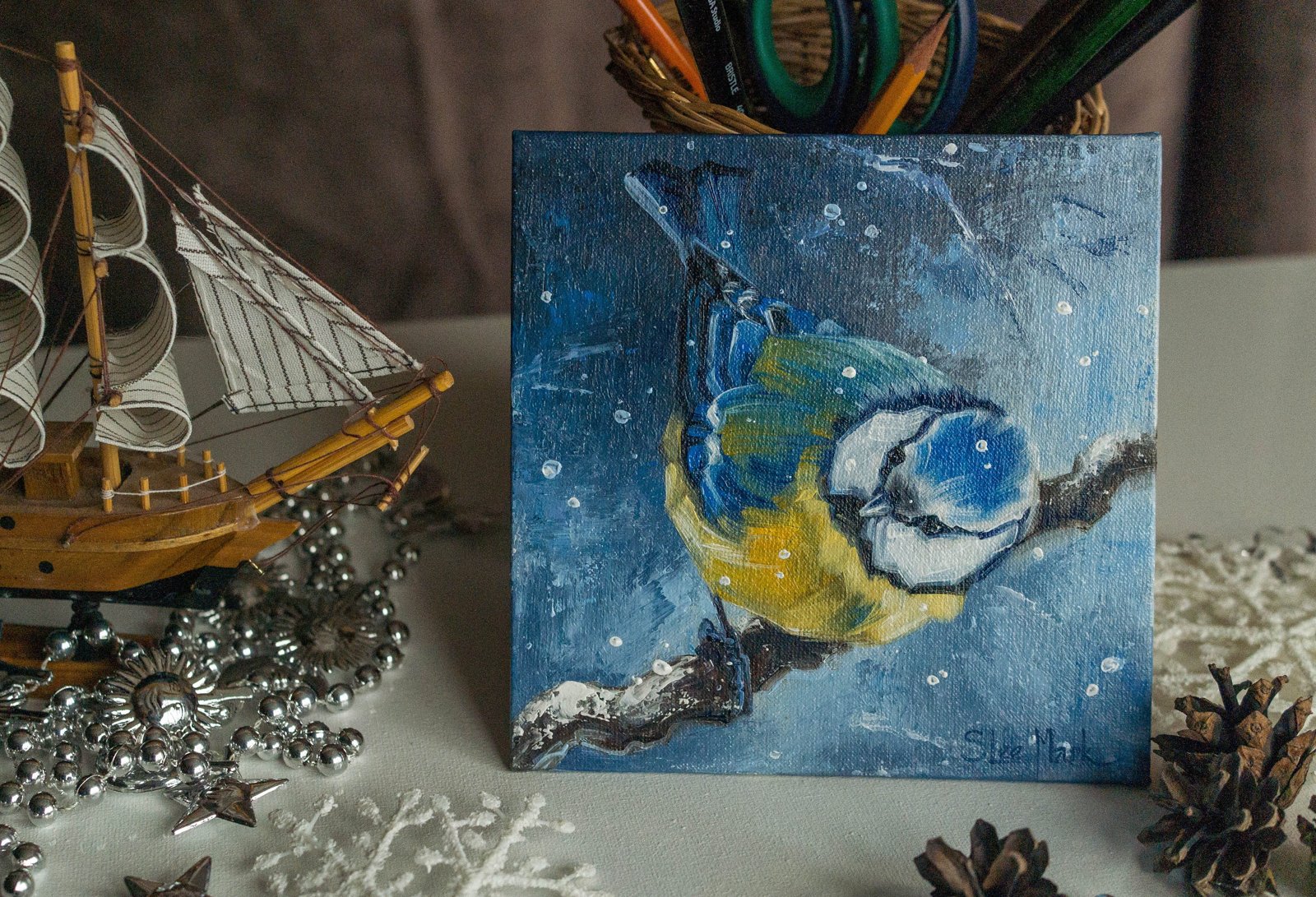 Curious titmouse Original art 6" by S. Lee Mark Bird oil painting Pet portrait Animal art Home & Living Home Wall Décor Paintings