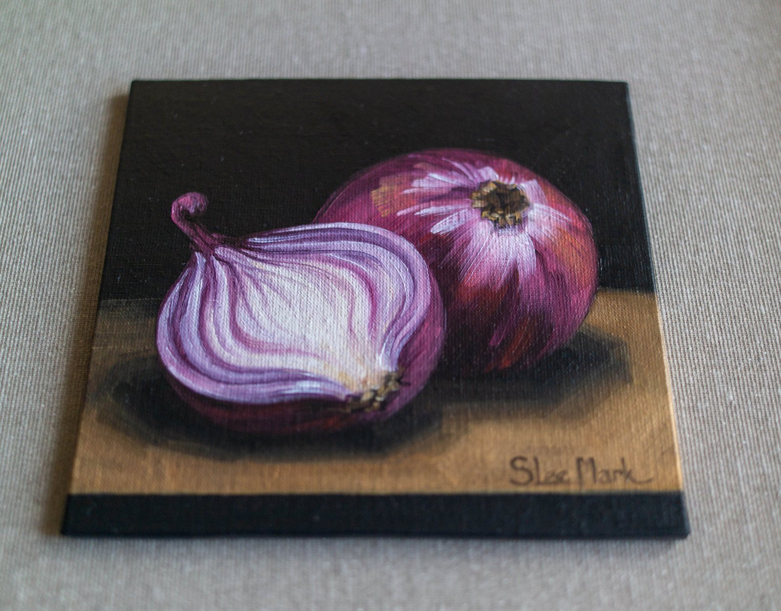 Onion rings Original art 6x6 by S. Lee Mark - Stil life oil painting Fruit art Vegetable still life painting Small artwork Kitchen Decor