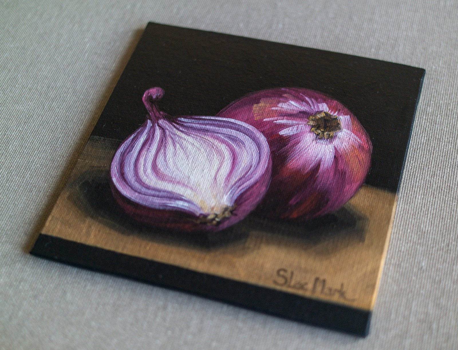 Onion rings Original art 6x6 by S. Lee Mark - Stil life oil painting Fruit art Vegetable still life painting Small artwork Kitchen Decor