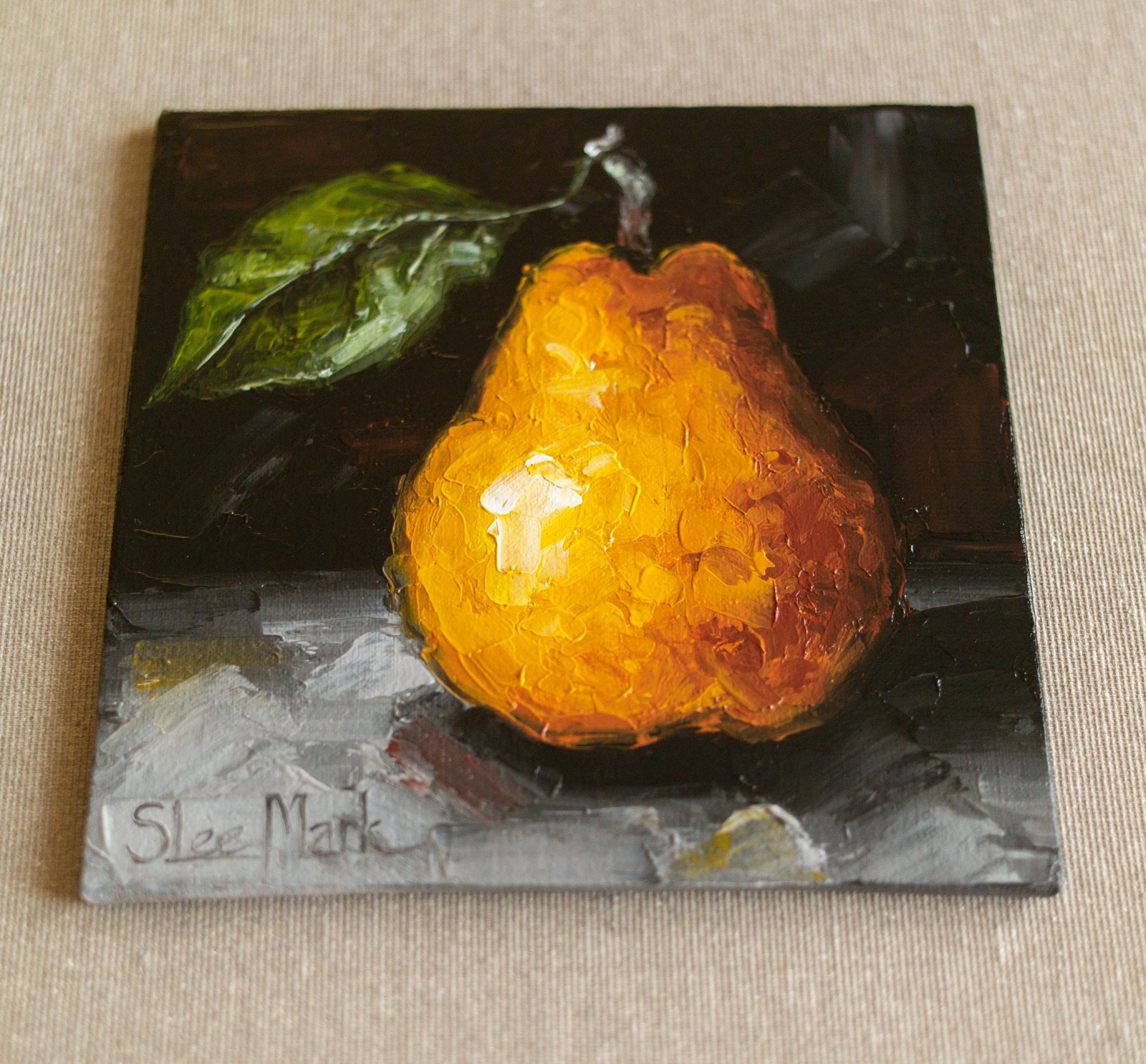 Pear Original art 6x6 by S. Lee Mark - Stil life oil painting Fruit art Vegetable still life painting Small artwork Kitchen Decor