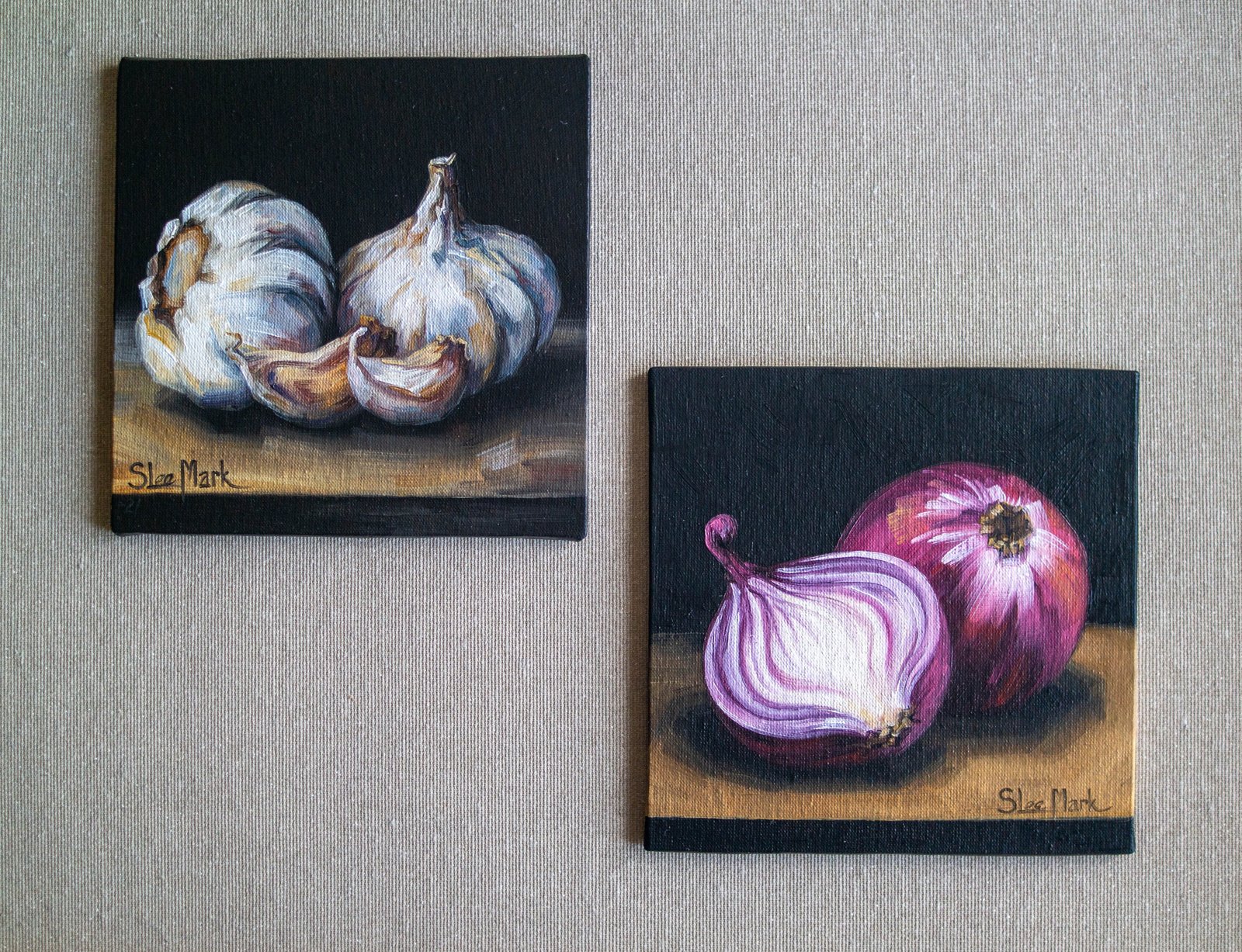 Onion rings Original art 6x6 by S. Lee Mark - Stil life oil painting Fruit art Vegetable still life painting Small artwork Kitchen Decor