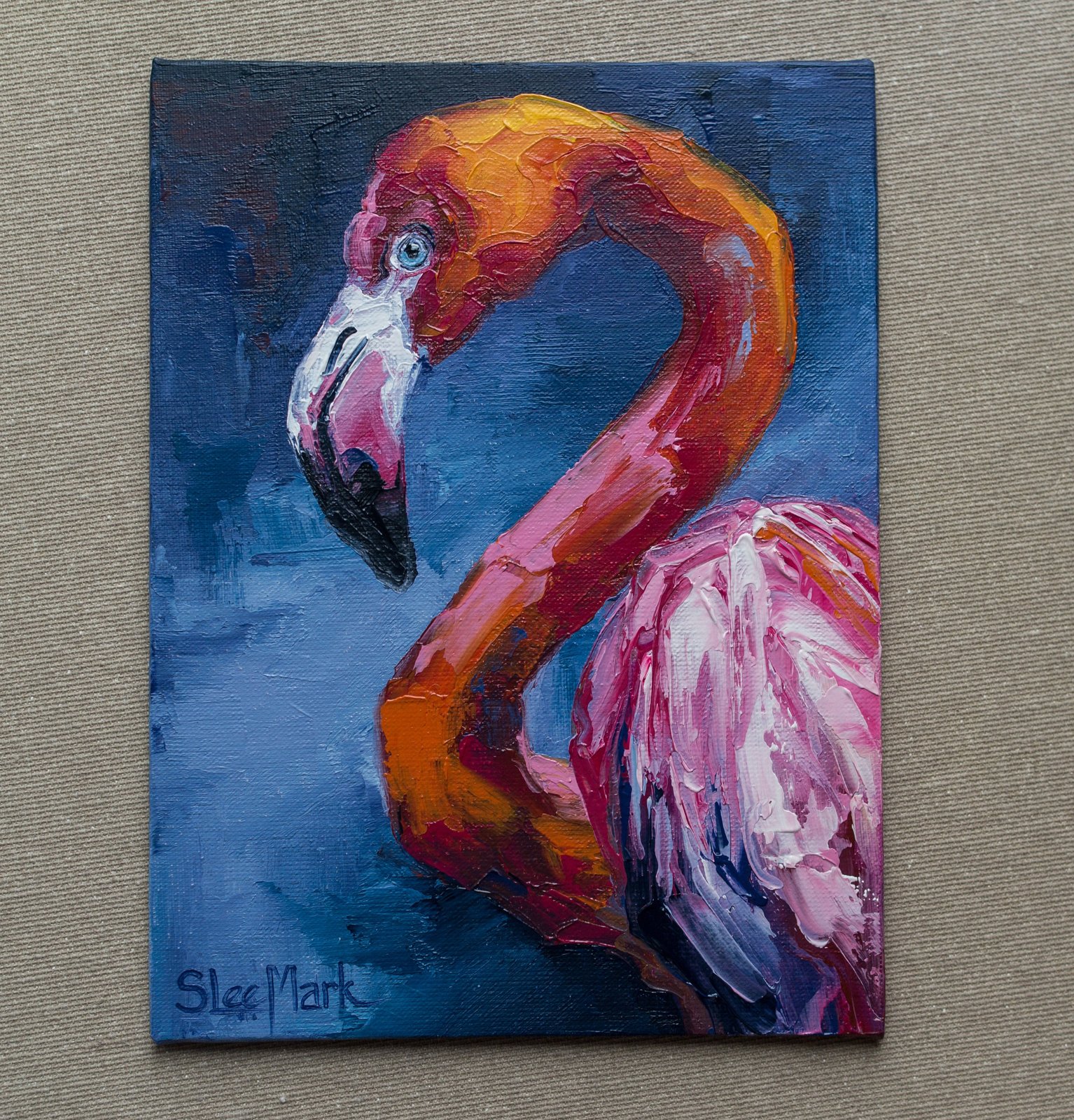 Pink flamingo Original art 8" by S. Lee Mark Bird oil painting Pet portrait Animal art Home & Living Home Wall Décor Paintings Wall Hangings