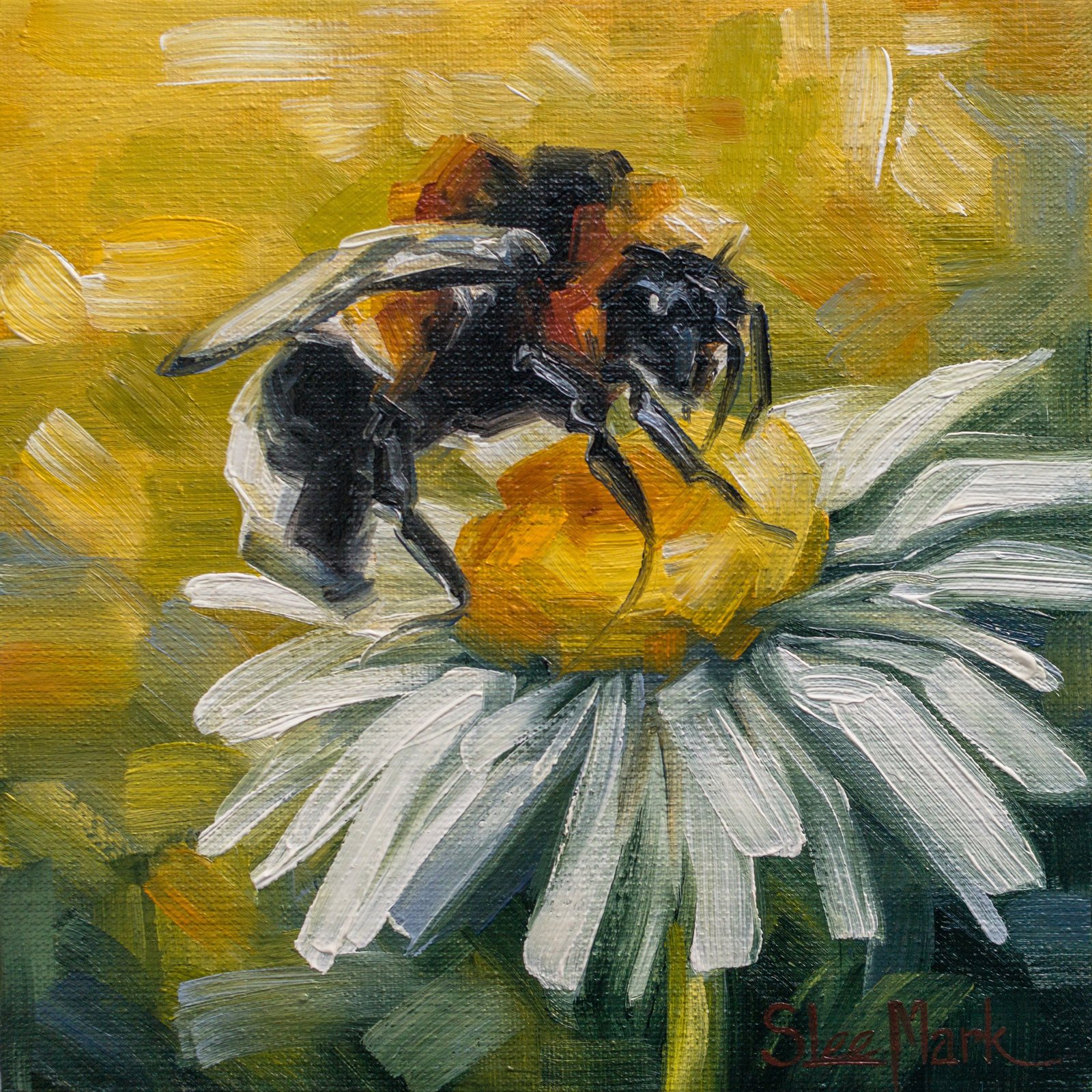 Be a bee Original art 6x6 by S. Lee Mark - Stil life oil painting Bee art chamomile still life flowers painting small art