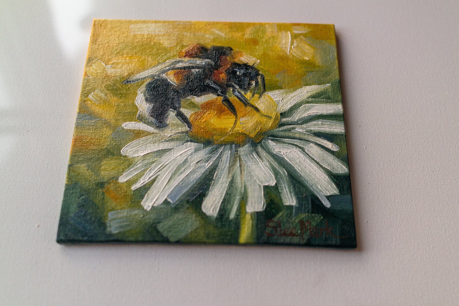 Be a bee Original art 6x6 by S. Lee Mark - Stil life oil painting Bee art chamomile still life flowers painting small art