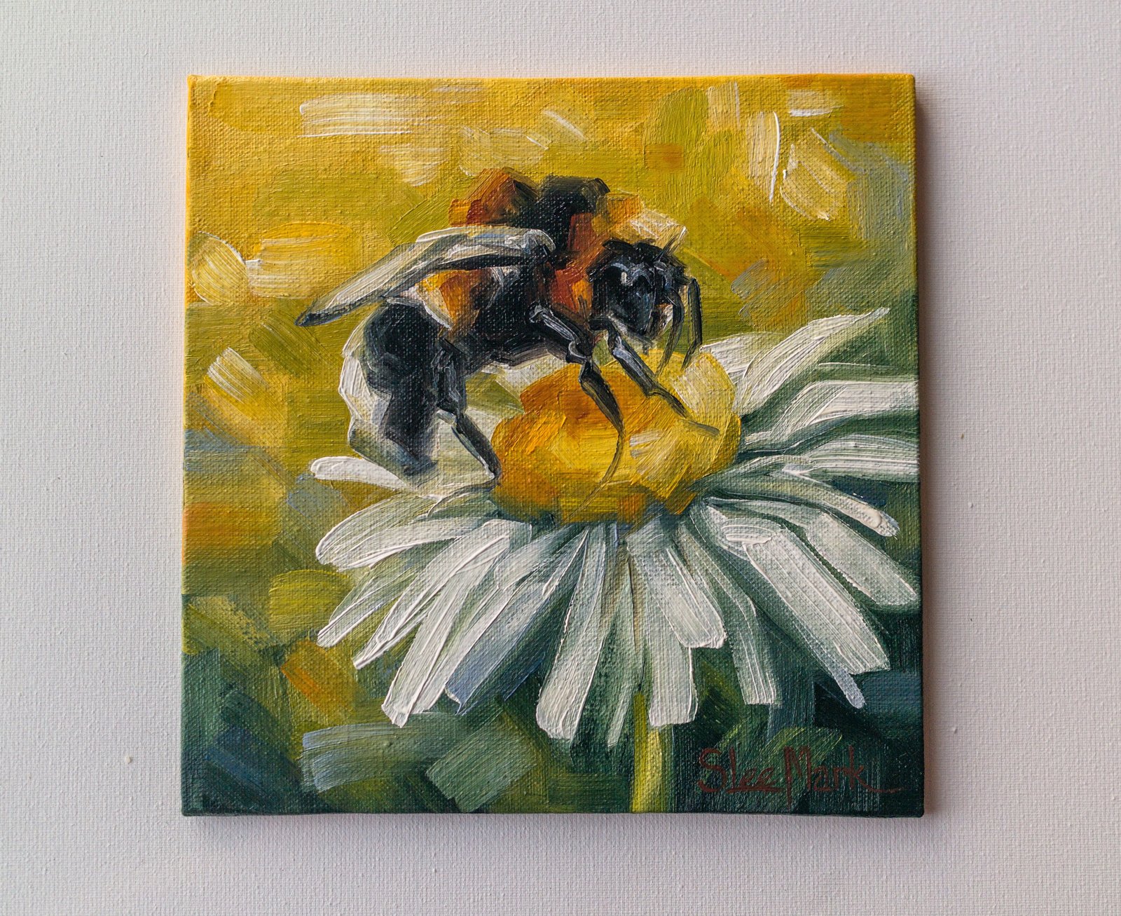 Be a bee Original art 6x6 by S. Lee Mark - Stil life oil painting Bee art chamomile still life flowers painting small art