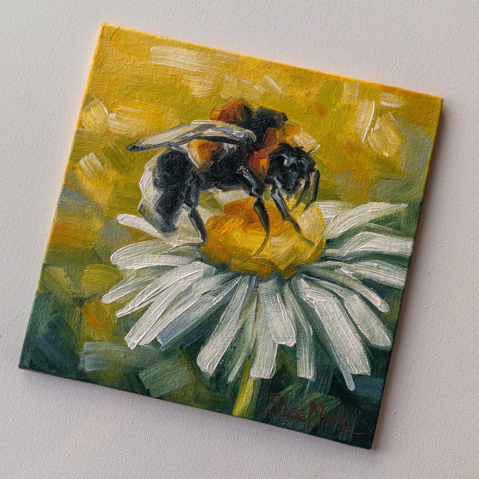 Be a bee Original art 6x6 by S. Lee Mark - Stil life oil painting Bee art chamomile still life flowers painting small art