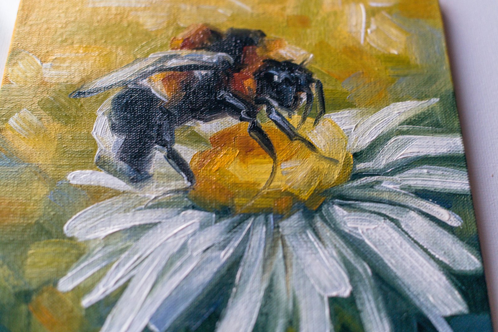 Be a bee Original art 6x6 by S. Lee Mark - Stil life oil painting Bee art chamomile still life flowers painting small art