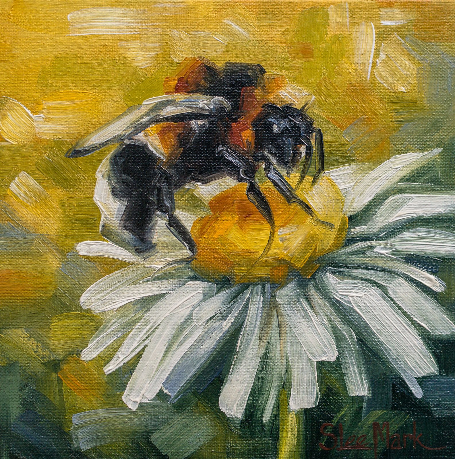 Be a bee Original art 6x6 by S. Lee Mark - Stil life oil painting Bee art chamomile still life flowers painting small art by Svitlana Lee Mark