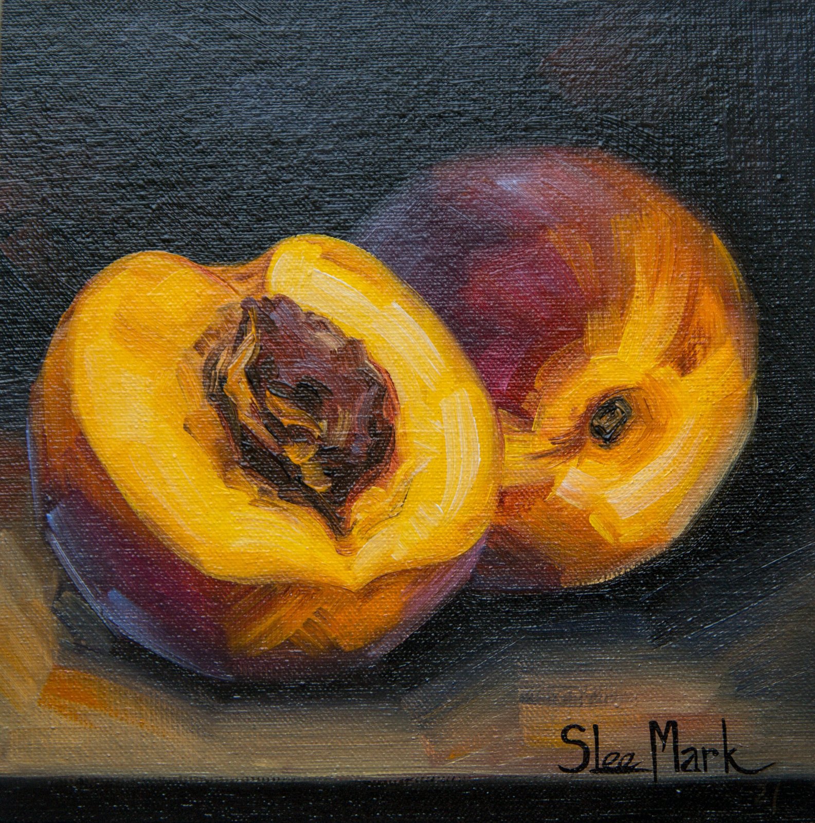 Juicy peach Original art 6x6 by S. Lee Mark - Stil life oil painting Fruit art still life Citrus art Home & Living Home Wall Décor Paintings