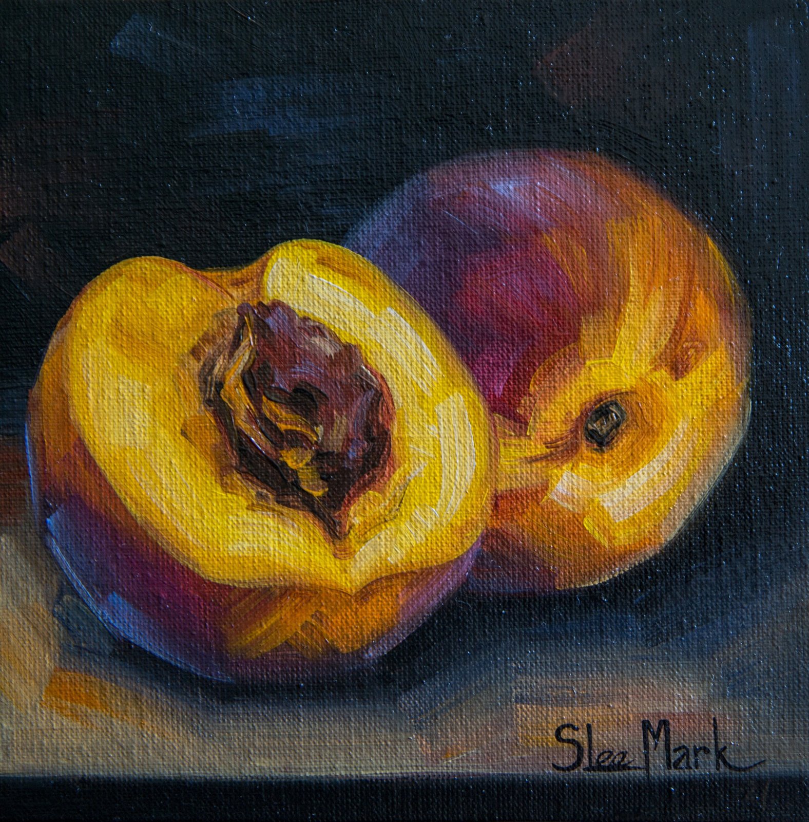 Juicy peach Original art 6x6 by S. Lee Mark - Stil life oil painting Fruit art still life Citrus art Home & Living Home Wall Décor Paintings