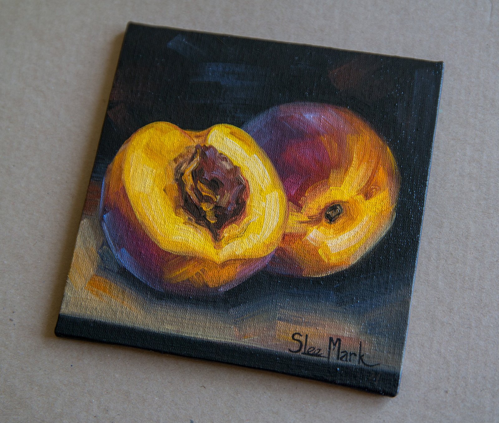 Juicy peach Original art 6x6 by S. Lee Mark - Stil life oil painting Fruit art still life Citrus art Home & Living Home Wall Décor Paintings