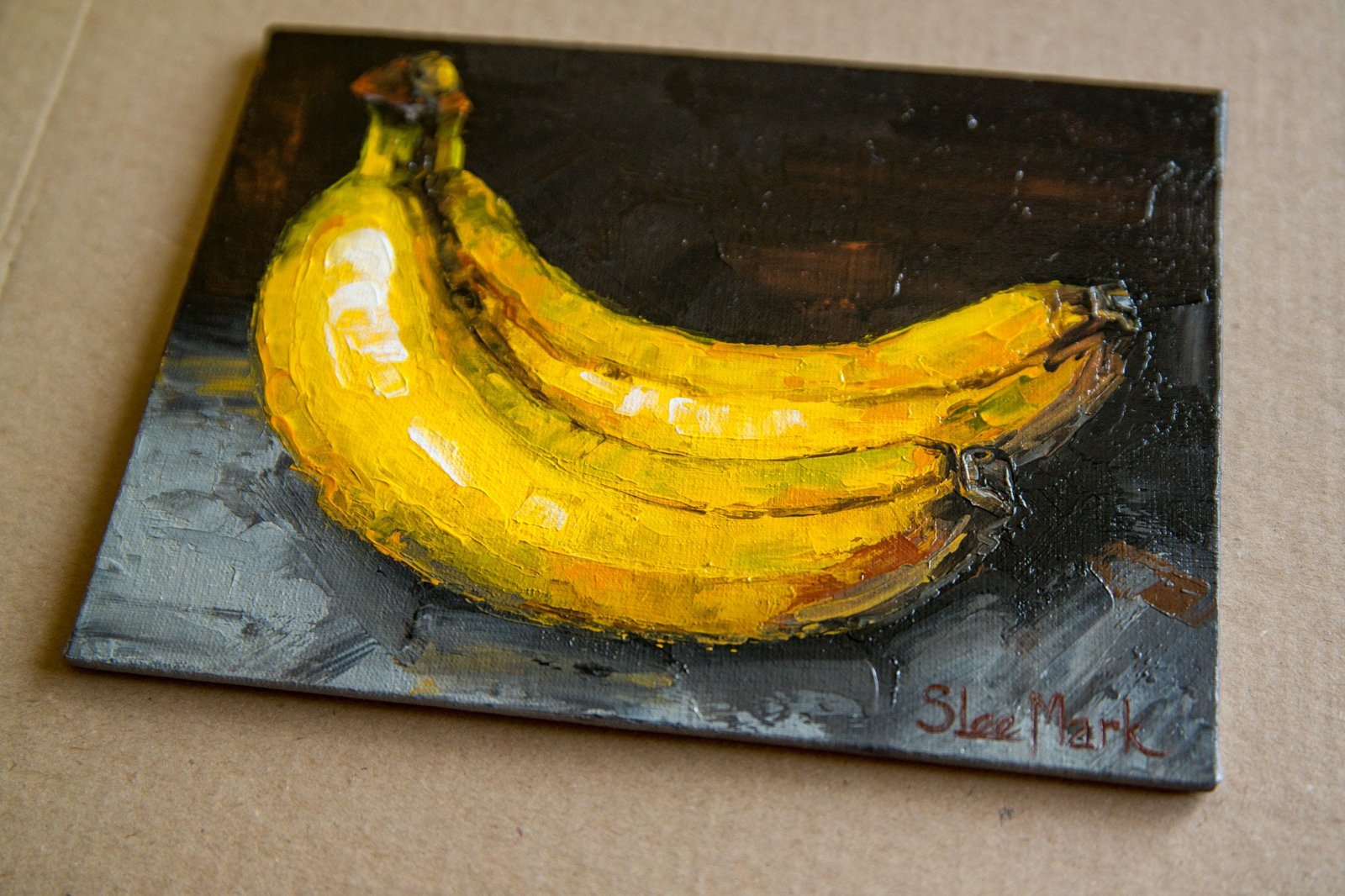 Two bananas Original art 8" by S. Lee Mark Fruit Still life oil painting Fruit art Fruit painting Home & Living Home Wall Décor Paintings