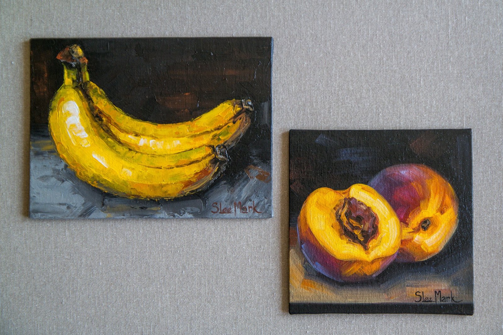 Two bananas Original art 8" by S. Lee Mark Fruit Still life oil painting Fruit art Fruit painting Home & Living Home Wall Décor Paintings