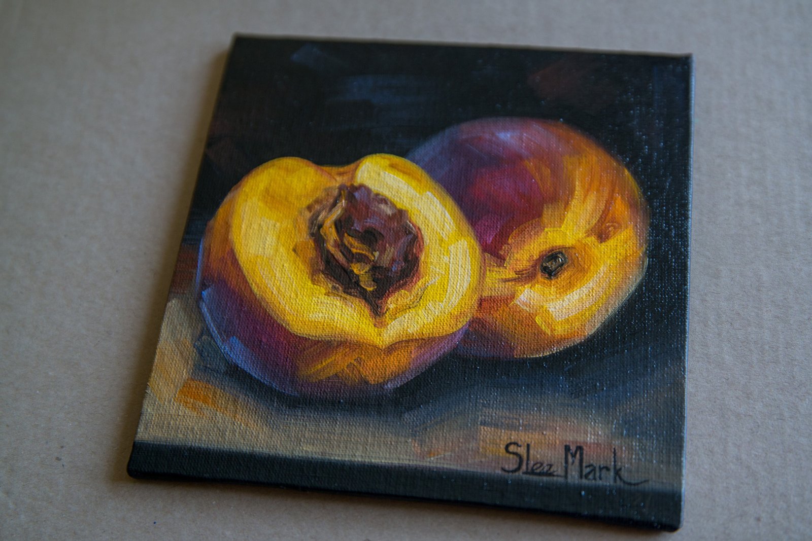 Juicy peach Original art 6x6 by S. Lee Mark - Stil life oil painting Fruit art still life Citrus art Home & Living Home Wall Décor Paintings