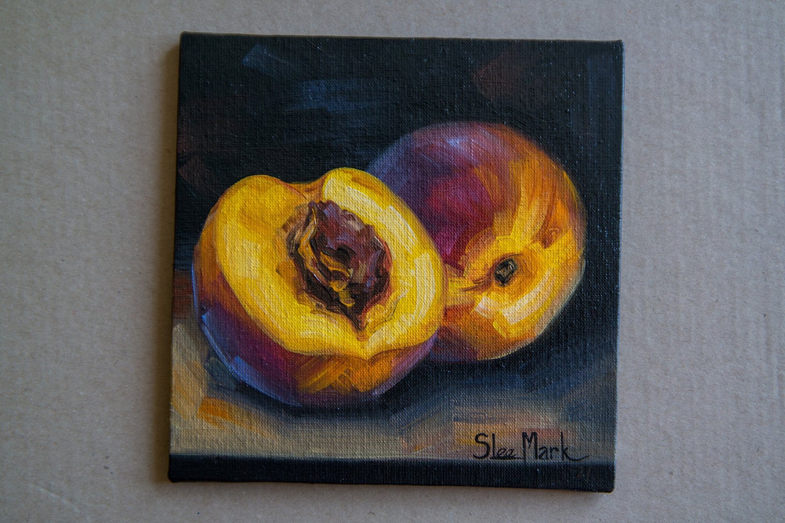 Juicy peach Original art 6x6 by S. Lee Mark - Stil life oil painting Fruit art still life Citrus art Home & Living Home Wall Décor Paintings