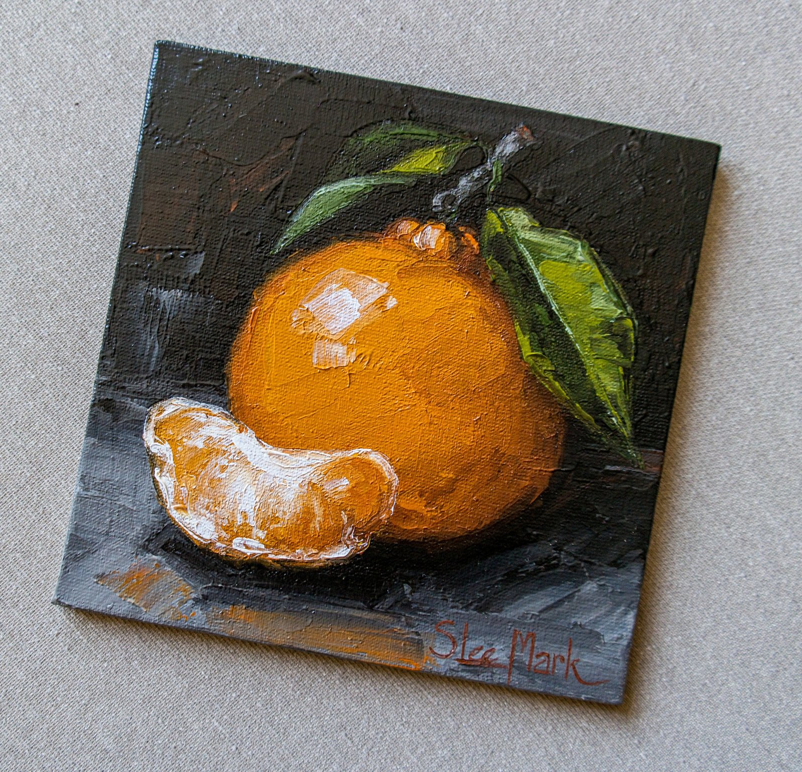 Orange with a slice Original art 6x6 by S. Lee Mark Still life oil painting Fruit art Fruit painting Citrus art Home Living Decor Wall