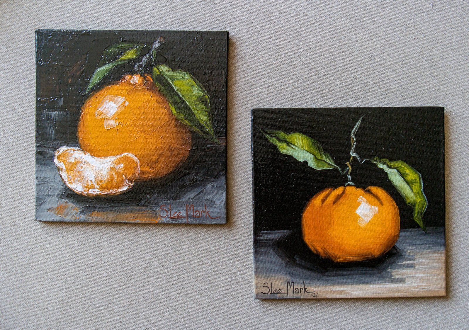 Orange with a slice Original art 6x6 by S. Lee Mark Still life oil painting Fruit art Fruit painting Citrus art Home Living Decor Wall