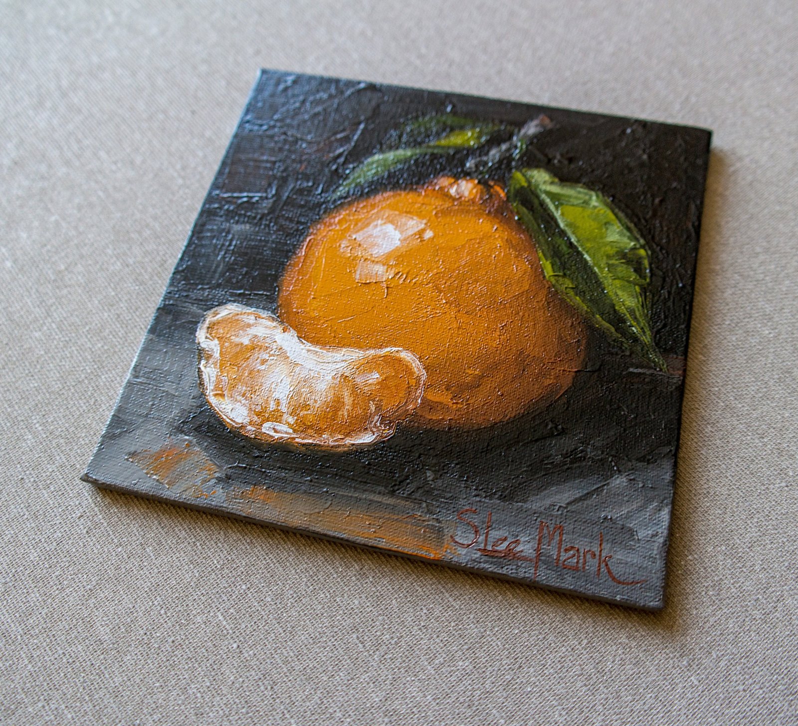 Orange with a slice Original art 6x6 by S. Lee Mark Still life oil painting Fruit art Fruit painting Citrus art Home Living Decor Wall