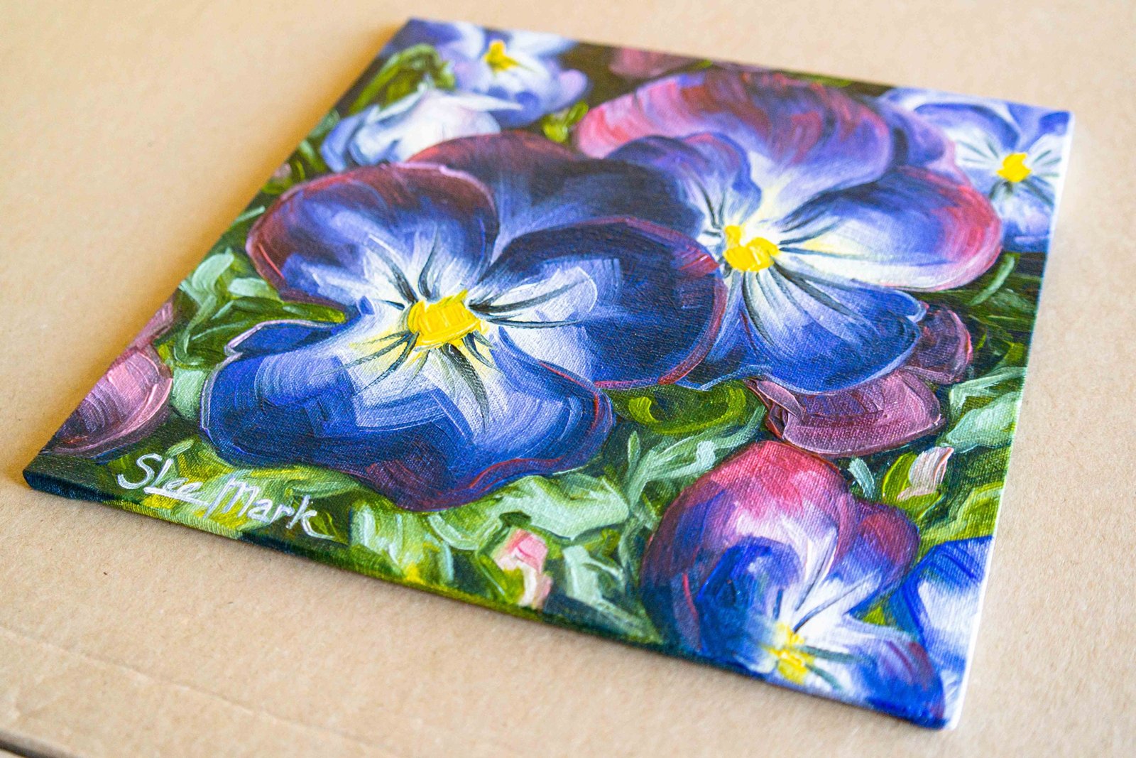Violets Original art 8x8 by S. Lee Mark - Stil life oil violets painting art still life violets flowers painting small art