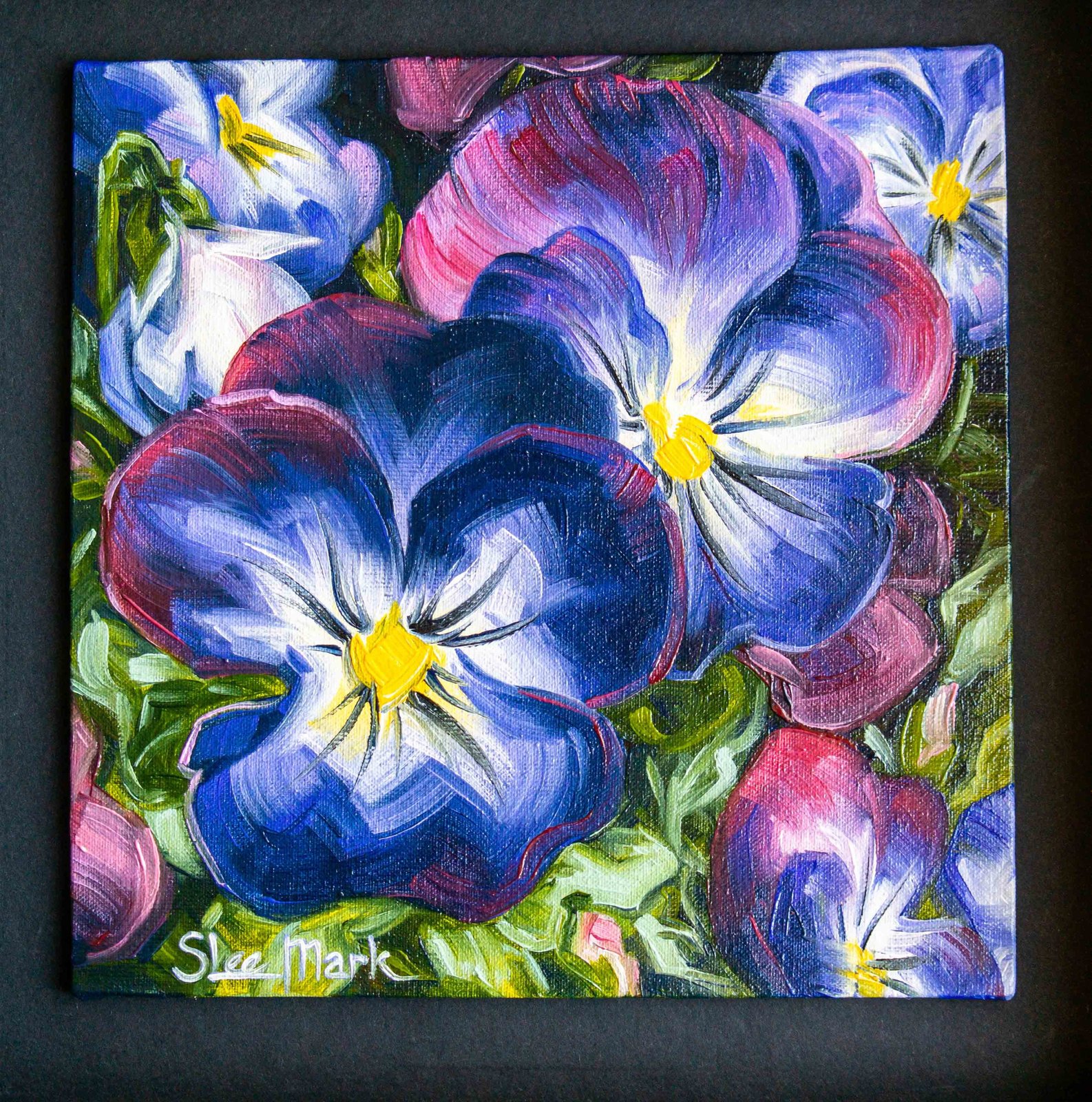 Violets Original art 8x8 by S. Lee Mark - Stil life oil violets painting art still life violets flowers painting small art